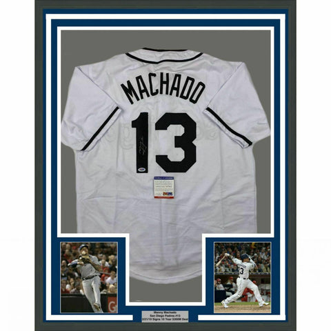 FRAMED Autographed/Signed MANNY MACHADO 33x42 San Diego White Jersey BAS COA #2