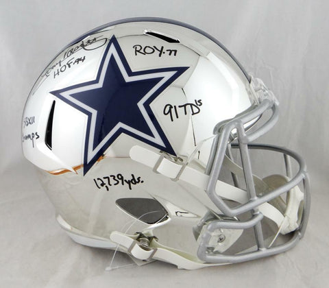 Tony Dorsett Signed Dallas Cowboys F/S Chrome Helmet w/ 5 Insc -JSA W Auth *Blk