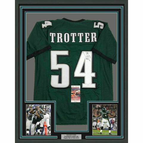 FRAMED Autographed/Signed JEREMIAH TROTTER 33x42 Philly Green Jersey JSA COA