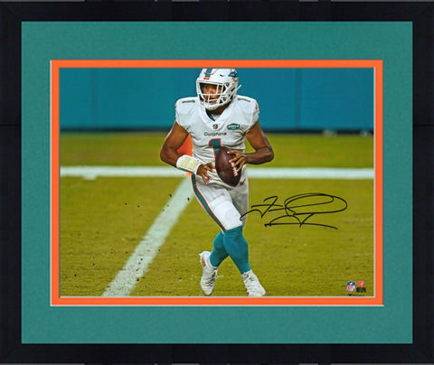 Frmd Tua Tagovailoa Dolphins Signed 8" x 10" White Jersey Rolling Out Photo