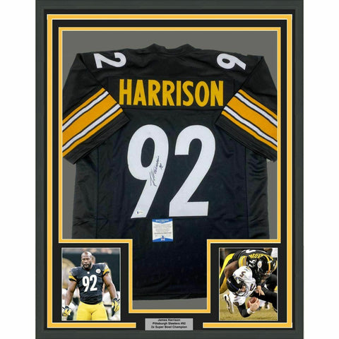 FRAMED Autographed/Signed JAMES HARRISON 33x42 Pittsburgh Black Jersey BAS COA