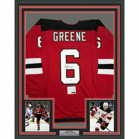 FRAMED Autographed/Signed ANDY GREENE 33x42 New Jersey Red Jersey PSA/DNA COA