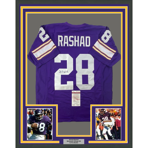 FRAMED Autographed/Signed AHMAD RASHAD 33x42 Minnesota Purple Jersey JSA COA
