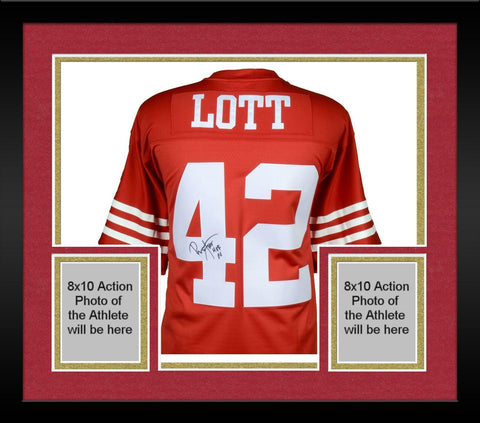 Framed Ronnie Lott 49ers Signed Mitchell & Ness Red Replica Jersey w/HOF 00 Insc