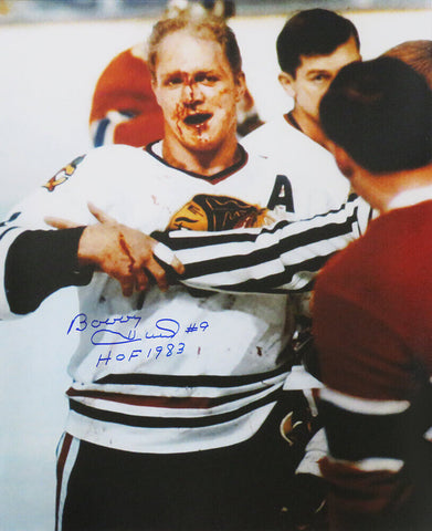 Bobby Hull Signed Blackhawks Blood On Face 16x20 Photo w/HOF 1983 (SCHWARTZ COA)