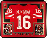 Joe Montana Signed 49ers 35x43 Custom Framed Jersey (JSA COA & Montana Hologram)
