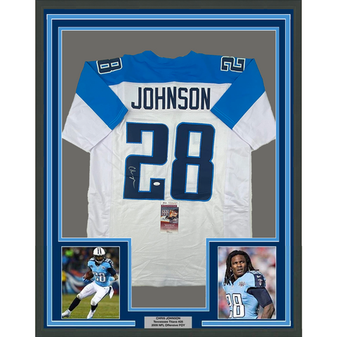 Framed Autographed/Signed Chris Johnson 33x42 Tennessee White Jersey JSA COA