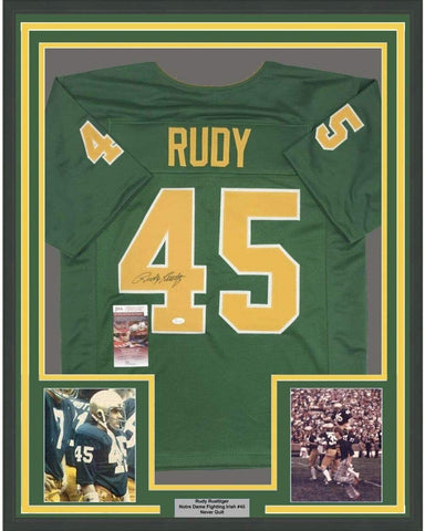 Framed Autographed/Signed Rudy Ruettiger 33x42 Notre Dame Rudy Jersey JSA COA