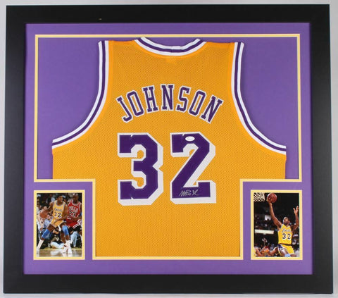 Magic Johnson Signed Lakers 31" x 35" Framed Jersey (JSA COA) 5xNBA Champion