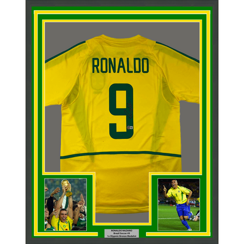 Framed Autographed/Signed Ronaldo Nazario 33x42 Brazil Yellow Jersey BAS COA
