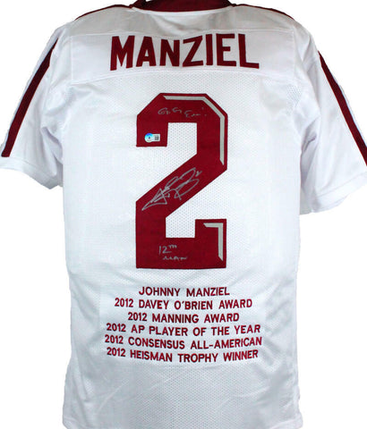 Johnny Manziel Autographed White College Style STAT Jersey w/2 insc.-BAW Holo