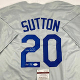 Autographed/Signed DON SUTTON HOF 98 Los Angeles Grey Baseball Jersey JSA COA