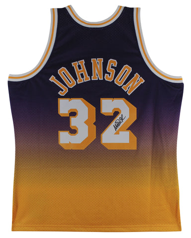 Lakers Magic Johnson Signed Purple Two-Tone M&N 84-85 HWC Swingman Jersey BAS W