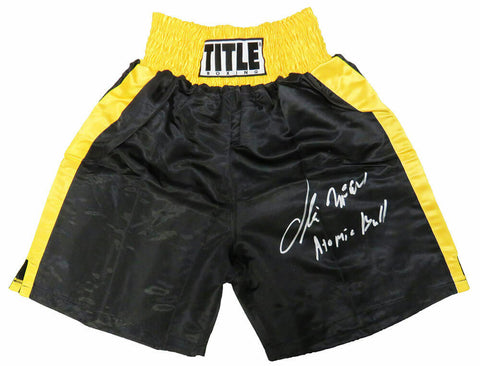 Oliver McCall Signed Title Black w/Gold Trim Boxing Trunks w/Atomic Bull -SS COA