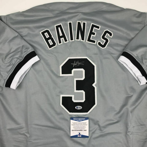 Autographed/Signed HAROLD BAINES Chicago Grey Baseball Jersey Beckett BAS COA
