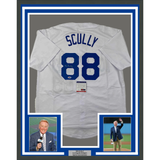 Framed Autographed/Signed Vin Scully 33x42 LA White Baseball Jersey PSA/DNA COA