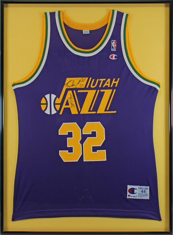 Jazz Karl Malone Authentic Signed Purple Champion Framed Jersey BAS #AB77884