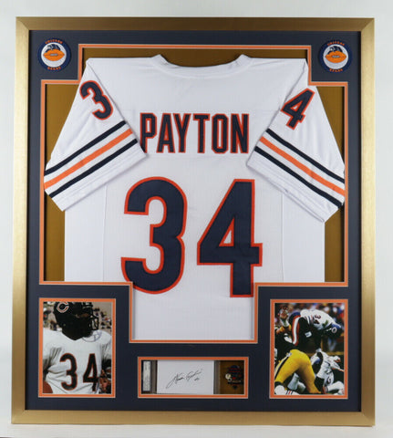Walter Payton Signed 34x38 Framed Jersey Display / Super Bowl XX Pin PSA 10 Grde
