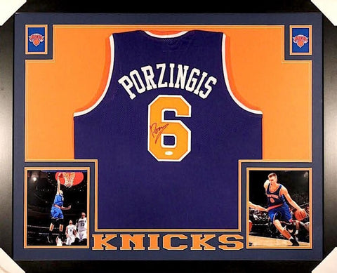Kristaps Porzingis Signed New York Knicks 35x43 Custom Framed Jersey (JSA COA)