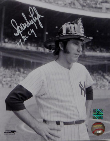 Sparky Lyle Autographed NY Yankees 8x10 B&W Fireman's Hat Photo- Jersey Sour
