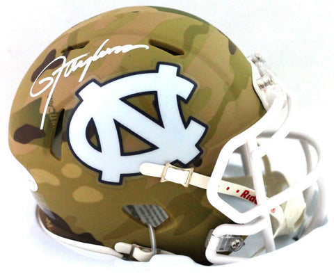 Lawrence Taylor Signed North Carolina Camo Speed Mini Helmet- Beckett W *White