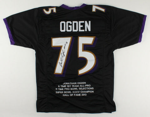 Jonathan Ogden Signed Baltimore Ravens Stat Jersey Inscribed "HOF 13" (JSA COA)