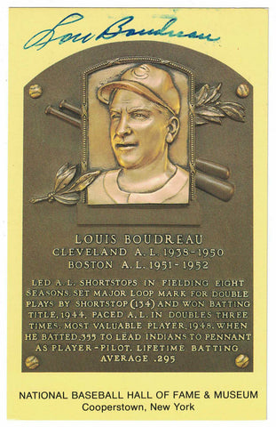 Lou Boudreau Signed Cleveland Indians Hall Of Fame Plaque Postcard BAS 27064