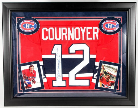 Yvan Cournoyer Signed Canadiens 28x36 Framed Jersey Display Inscribed HOF 1982