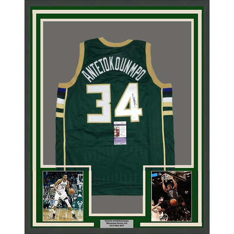 Framed Autographed/Signed Giannis Antetokounmpo 33x42 Green Jersey JSA COA