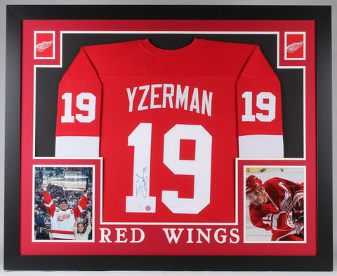 Steve Yzerman Signed Red Wings 35x43 Custom Framed Jersey JSA COA & Yzerman Holo