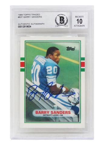 Barry Sanders Autographed 1989 Topps Rookie 83T (Beckett/Auto 10)