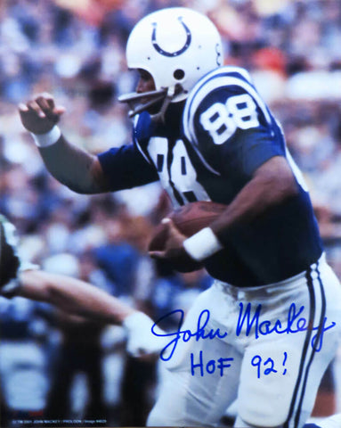 John Mackey Signed Colts With Football 8x10 Photo w/HOF'92 - SCHWARTZ COA