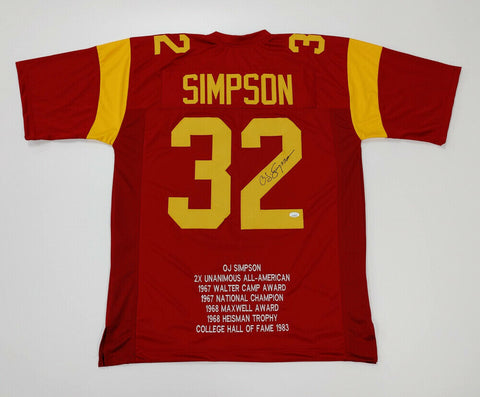 O. J. Simpson Signed USA Trojans Career Highlight Stat Jersey (JSA COA) Bills RB