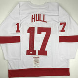 Autographed/Signed BRETT HULL HOF 2009 Detroit White Hockey Jersey JSA COA Auto