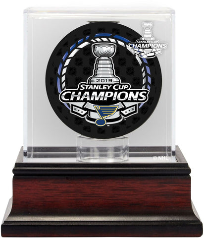St. Louis Blues 2019 Stanley Cup Champs Mahogany Hockey Puck Logo Display Case