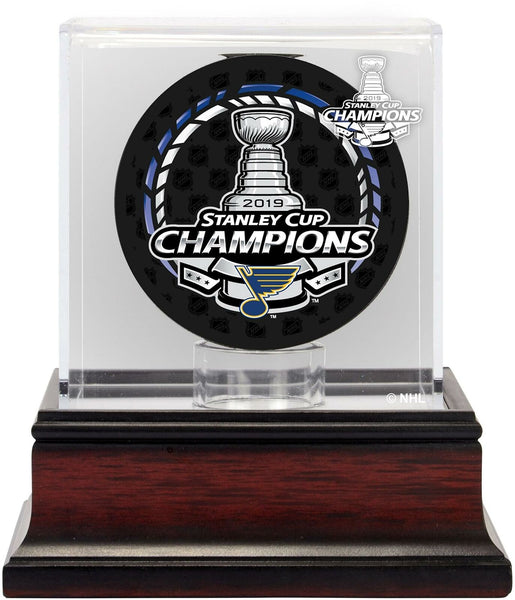 St. Louis Blues 2019 Stanley Cup Champs Mahogany Hockey Puck Logo Display Case