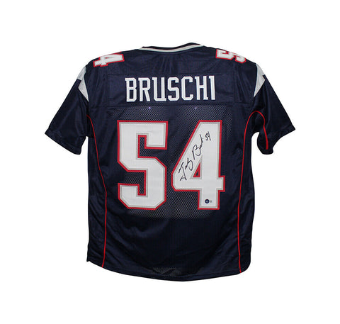 Tedy Bruschi Autographed/Signed Pro Style Blue XL Jersey Beckett 37009