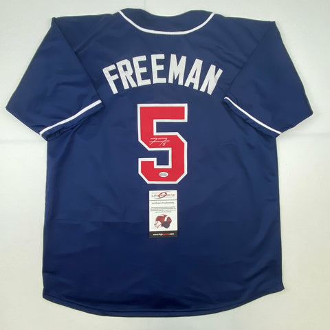 Autographed/Signed Freddie Freeman Atlanta Blue Baseball Jersey Lojo COA Auto