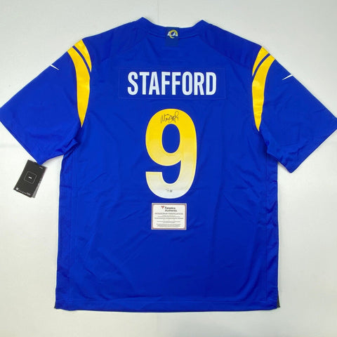 Autographed/Signed Matthew Stafford Rams Blue Nike Game LVI Jersey Fanatics COA