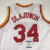 Autographed/Signed Hakeem Olajuwon Houston White Basketball Jersey BAS COA