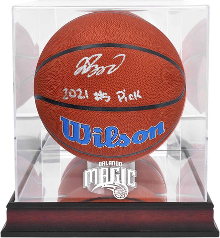 Jalen Suggs Magic Signed Wilson Team Logo Ball w/Ins/Mahogany Display Case