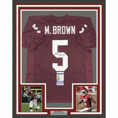 FRAMED Autographed/Signed MARQUISE BROWN 33x42 Oklahoma Red Jersey JSA COA Auto
