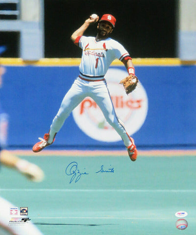 Ozzie Smith Signed St Louis Cardinals Jumping Throw Action 16x20 Photo (PSA/DNA)