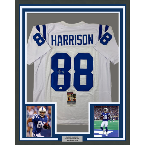Framed Autographed/Signed Marvin Harrison 33x42 White Football Jersey JSA COA