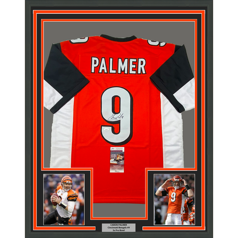 Framed Autographed/Signed Carson Palmer 33x42 Cincinnati Orange Jersey JSA COA