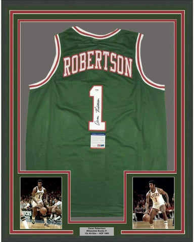 Framed Autographed/Signed Oscar Robertson 33x42 Milwaukee Green Jersey PSA COA