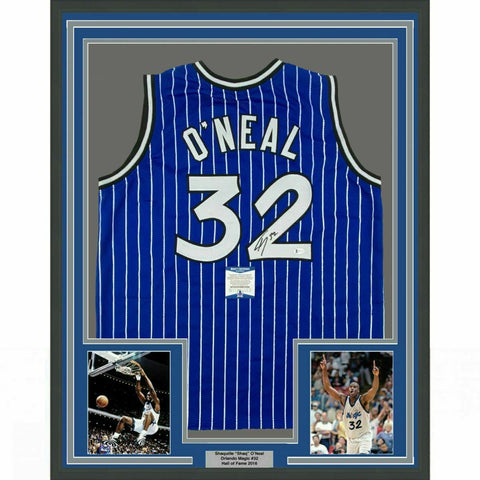 FRAMED Autographed/Signed SHAQUILLE O'NEAL 33x42 Orlando Blue Jersey Beckett COA