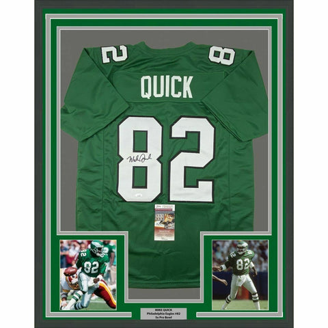 FRAMED Autographed/Signed MIKE QUICK 33x42 Kelly Green Football Jersey JSA COA
