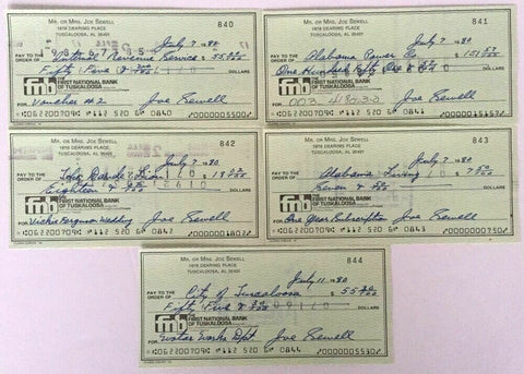 Joe Sewell Cleveland Indians Signed Personal Checks 840-844