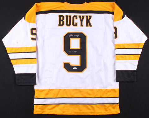 Johnny Bucyk Signed Bruins White Home Jersey Inscribed "H.O.F. 1981" (JSA Holo)